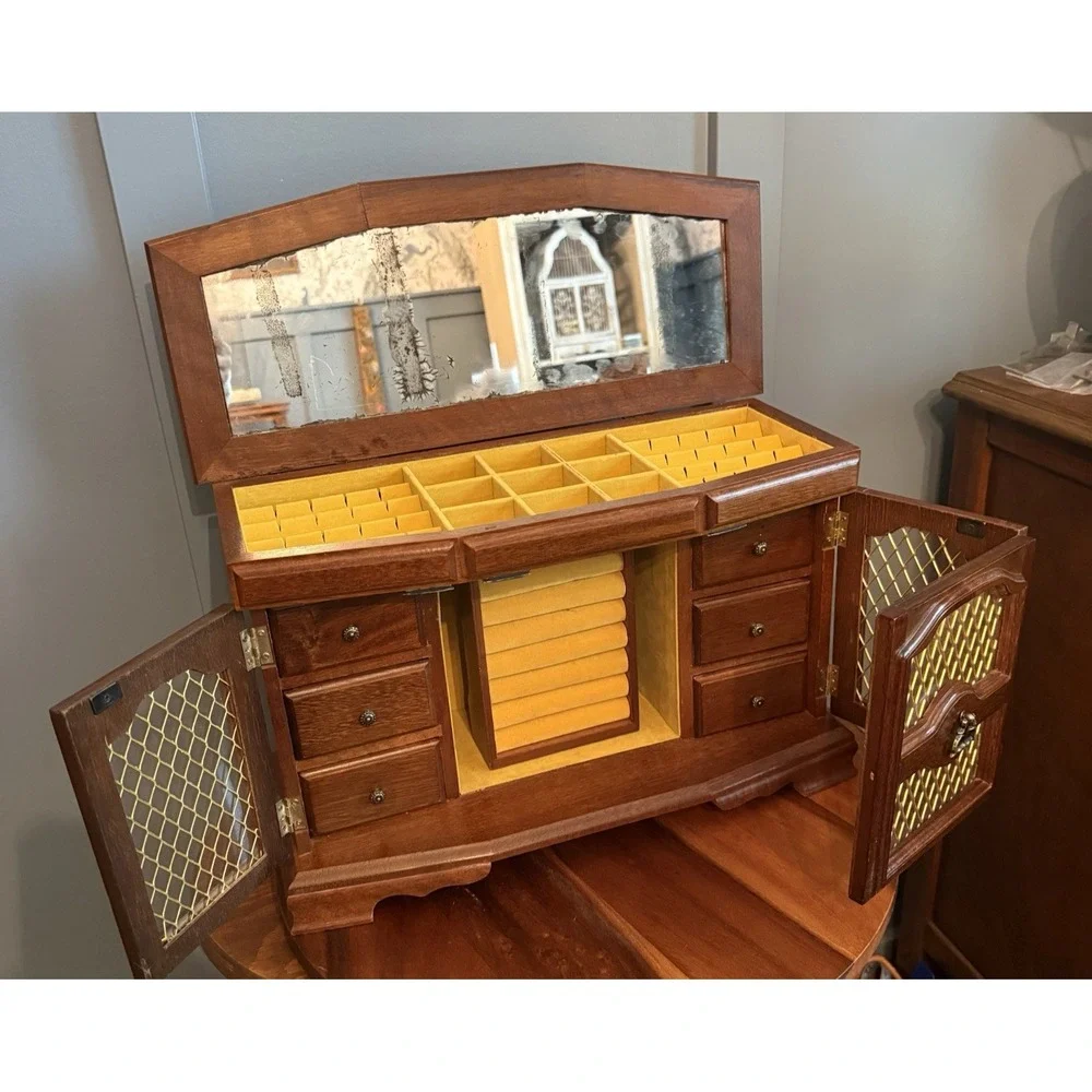 Large Vintage Wooden Jewelry Box Armoire Chest Mirror 6 Drawers 18
